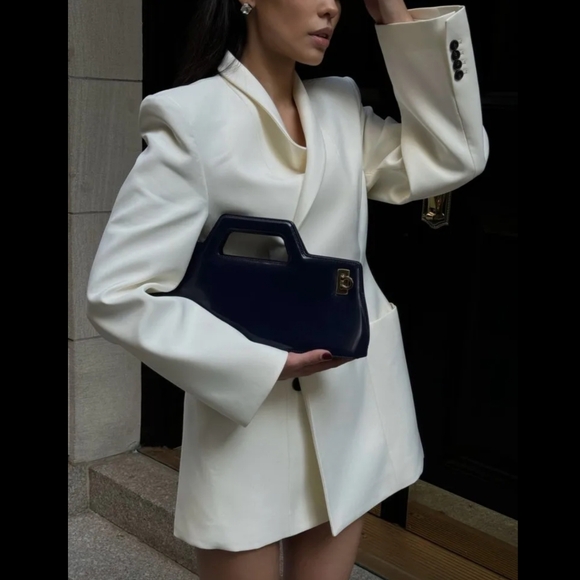 White Stand Collar Jacket Coat Double Pocket Elegant Socialite Women Cuff Button - Picture 2 of 15